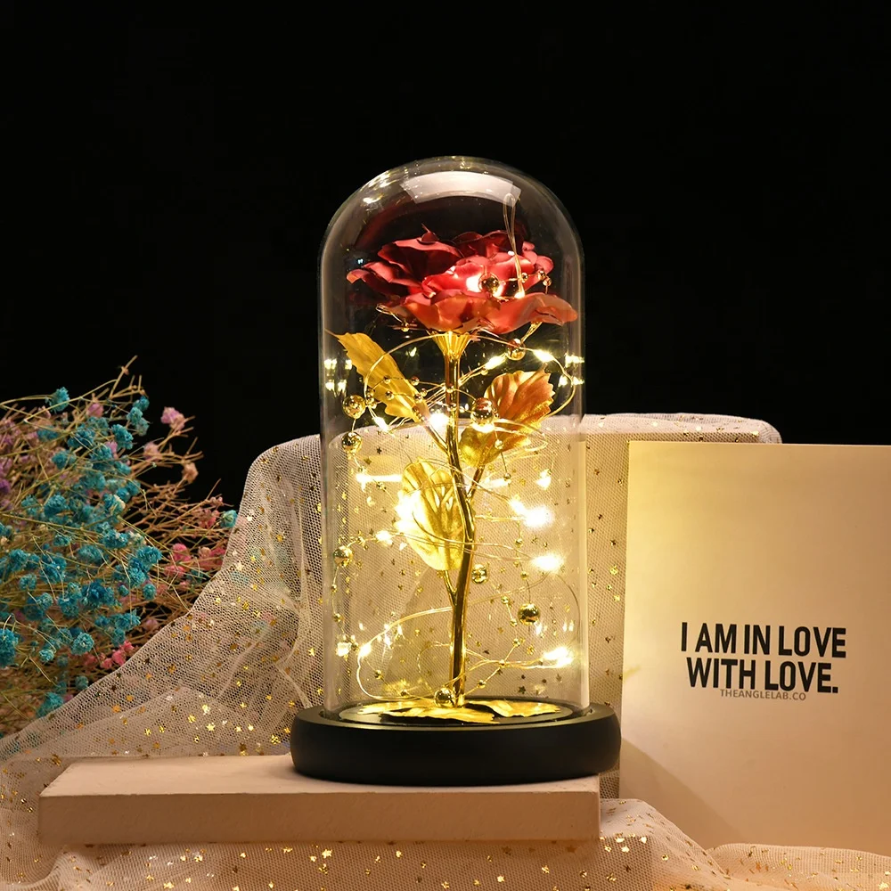 Preserved Artificial Flower Galaxy Red Blue Light Up 24K Gold Led Rose Lamp Rose In Glass Dome With Led Light Valentines Gift