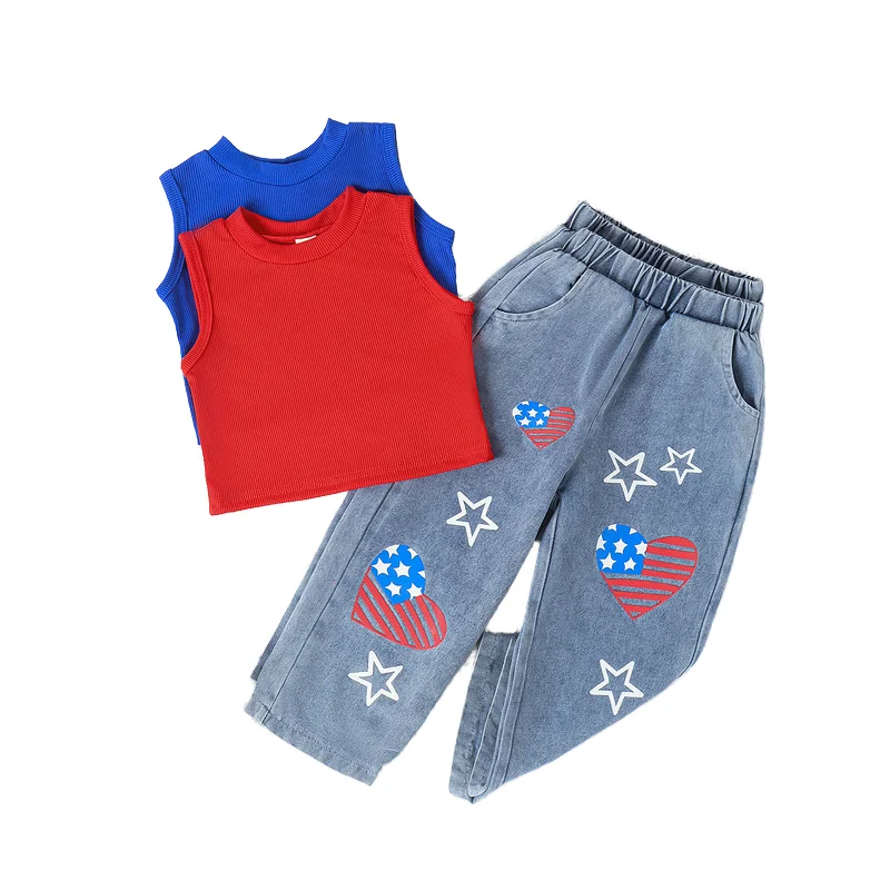 Cartoon girls Jeans sets Kids Clothing Casual Baby sets Denim Infant Trousers Boy Children Pants Boy Jean sleeveless tshirt suit