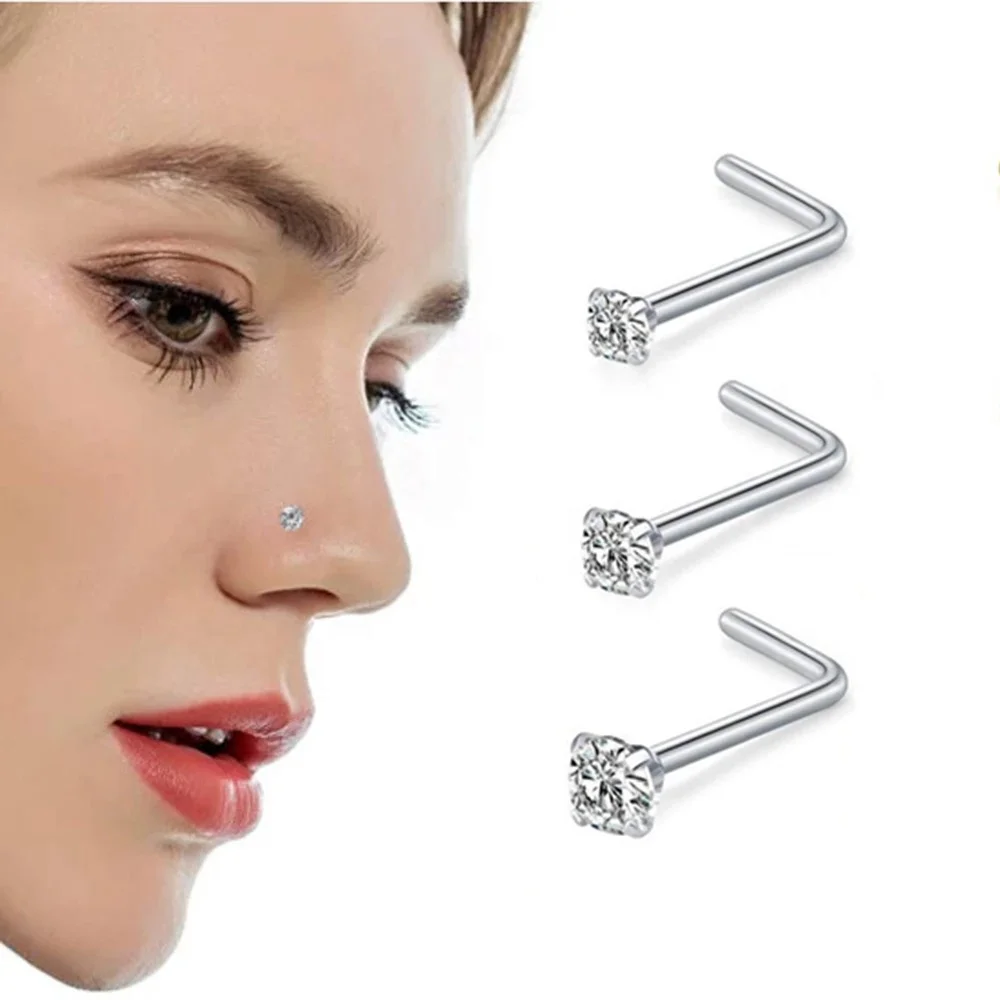 Surgical Steel Simple L Shape Septum Nose Rings Body Piercing Jewelry With Zircon Nose Studs