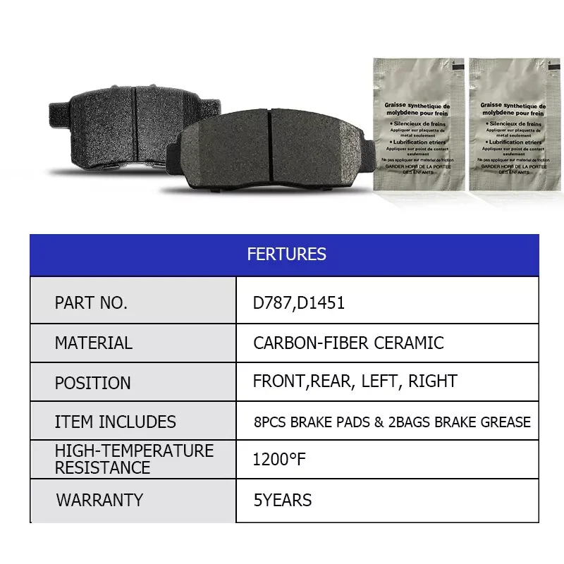 Front & Rear Ceramic Brake Pads D787 D1451 For 2008 2009 2010 2011 Honda Accord EX EX-L