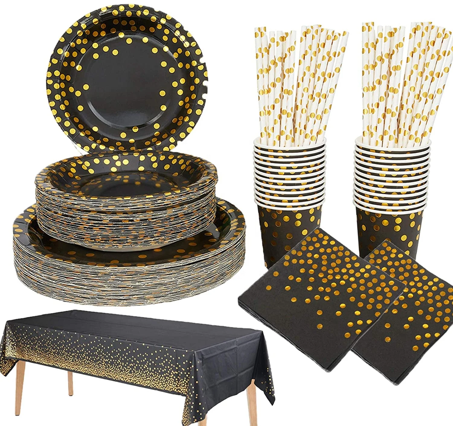 Black and Gold 25 sets  Birthday party disposable paper plate Dinnerware Sets for Birthday Graduation Thanksgiving Party