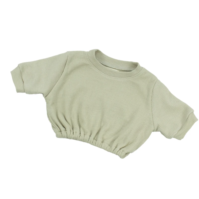 
High Quality Ins-Style Baby Newborn Clothes Top Light Grey oversize Waffle O-neck unisex shirts Waist with stretch 