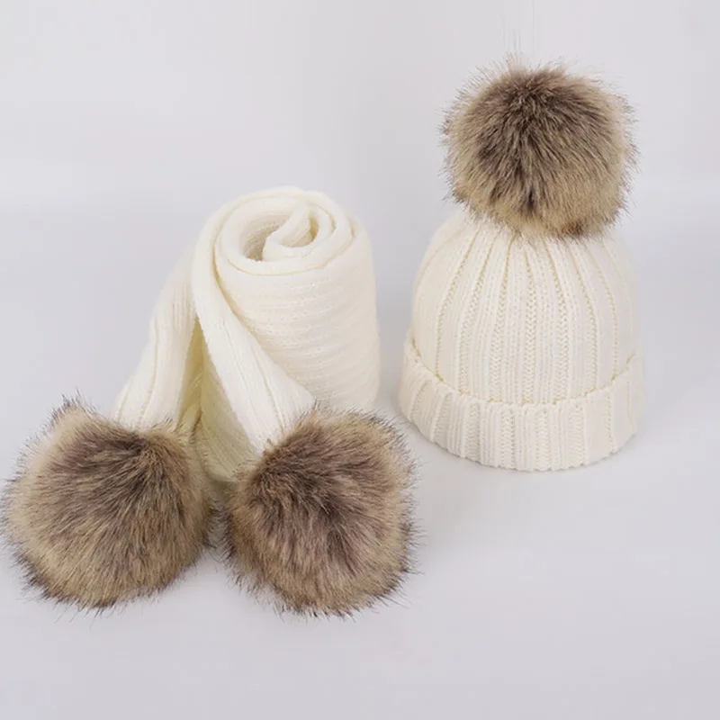 Wholesale Boys Girls Kids Toddles Baby Knitted Beanie Winter Hats And Scarf Set With Faux Fur Pom Pom