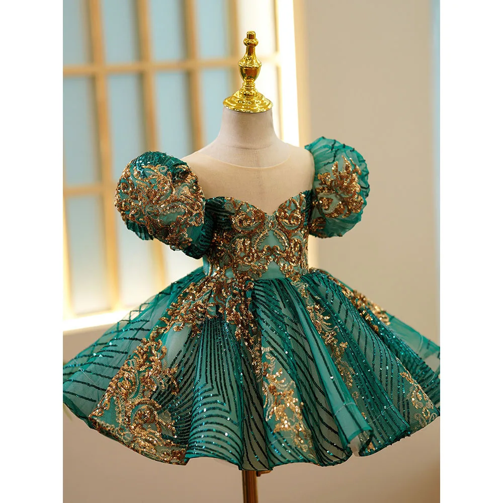 New Arrival Gorgeous Turquoise Pretty Baby Frock 1 to 14 Year Old Girl Clothes First Birthday Cute Flower Puffy Party Dress