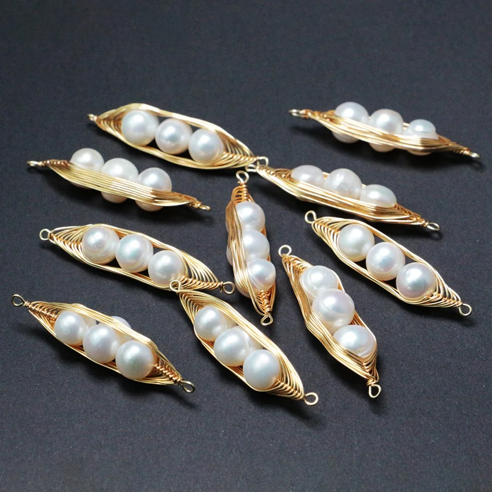LS-A952 sparkly amazing! fresh water pearl charm pea pod charm with gold wire wrapped connector pendant fashion jewelry