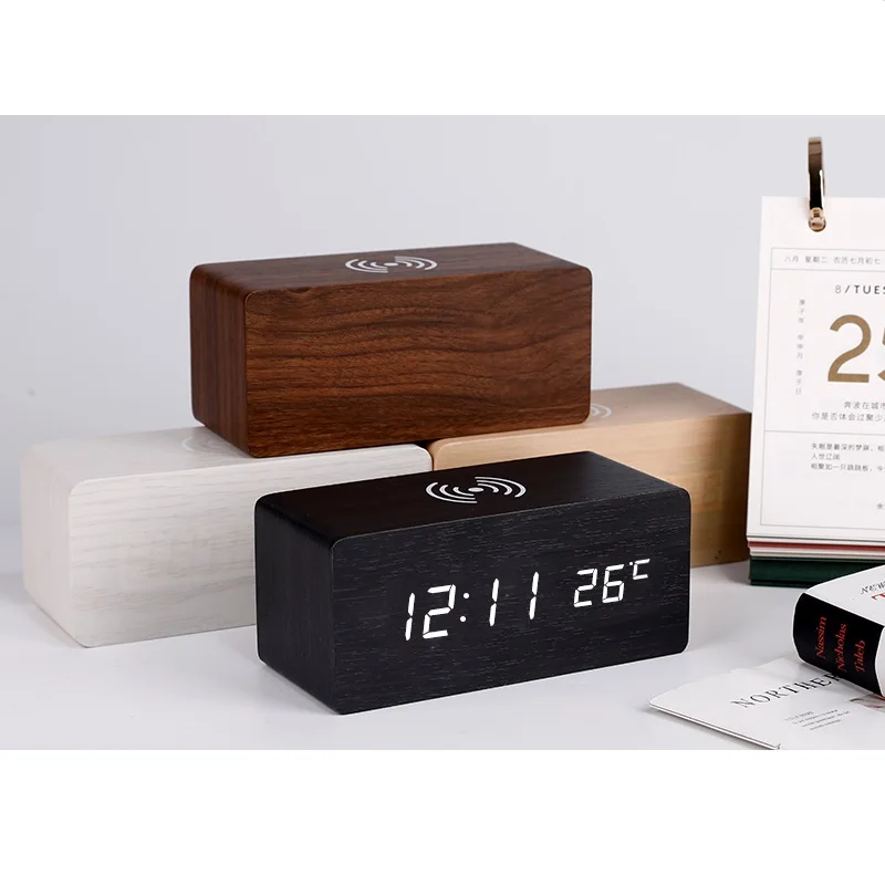New Arrival Child Digital Wooden Alarm Clock Best Selling Products Wireless Charger Led Qi Mobile Phone