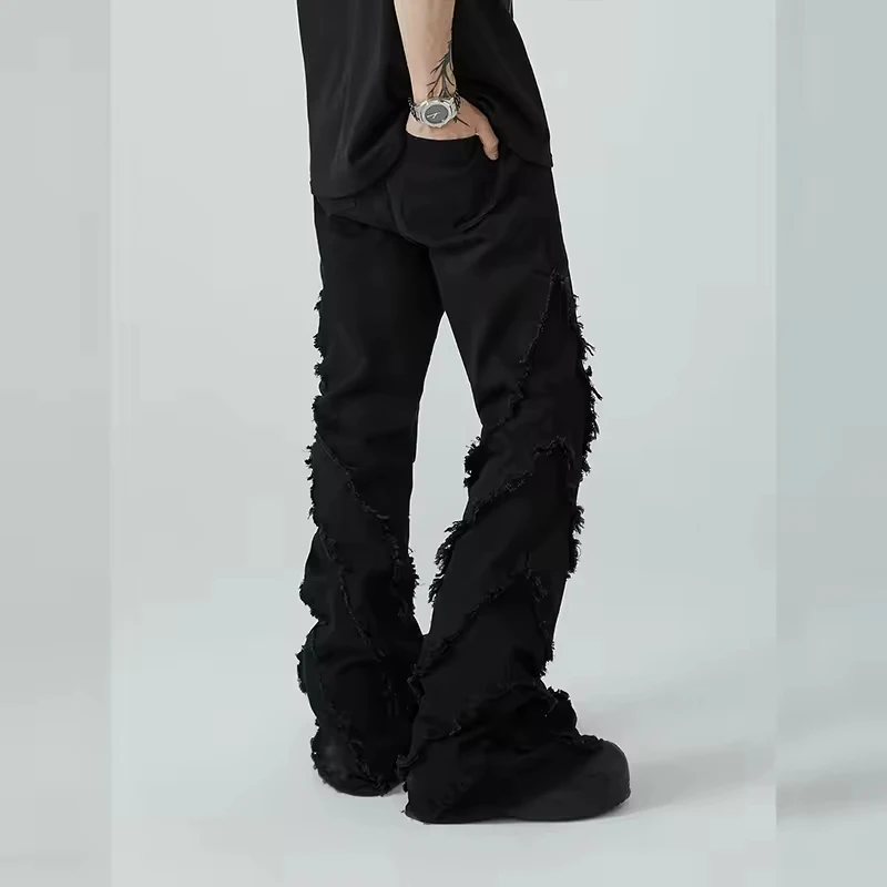 Custom quality stylish street straight leg patchwork youth black jeans Hip Hop rock personality style