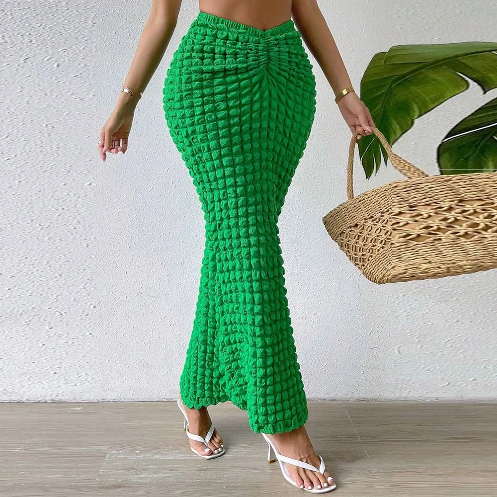 Sexy Popcorn Slim Long Skirt Women High Waist Solid Green Pencil Skirts 2023 Fall Elegant Bubble Grunge Clothing Bodycon Skirt