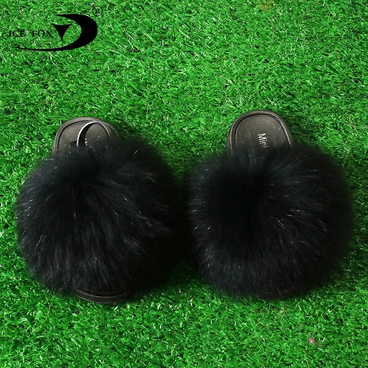 Fur Home Slippers For Women Flat Sole Kids Luxury Raccoon Fluffy Cute Flats Beach Real Fox Fur Slippers