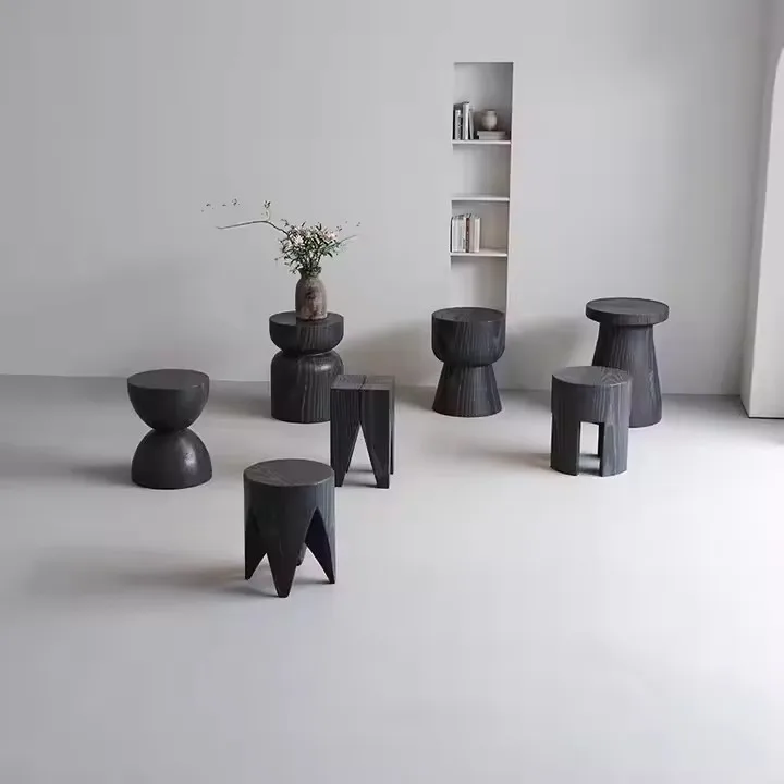 Modern Wabi-Sabi Style Side Table Solid Wood Fabric Piers with Carbonized Log Stool Autumn B&B Low Stool Ornaments Living Room
