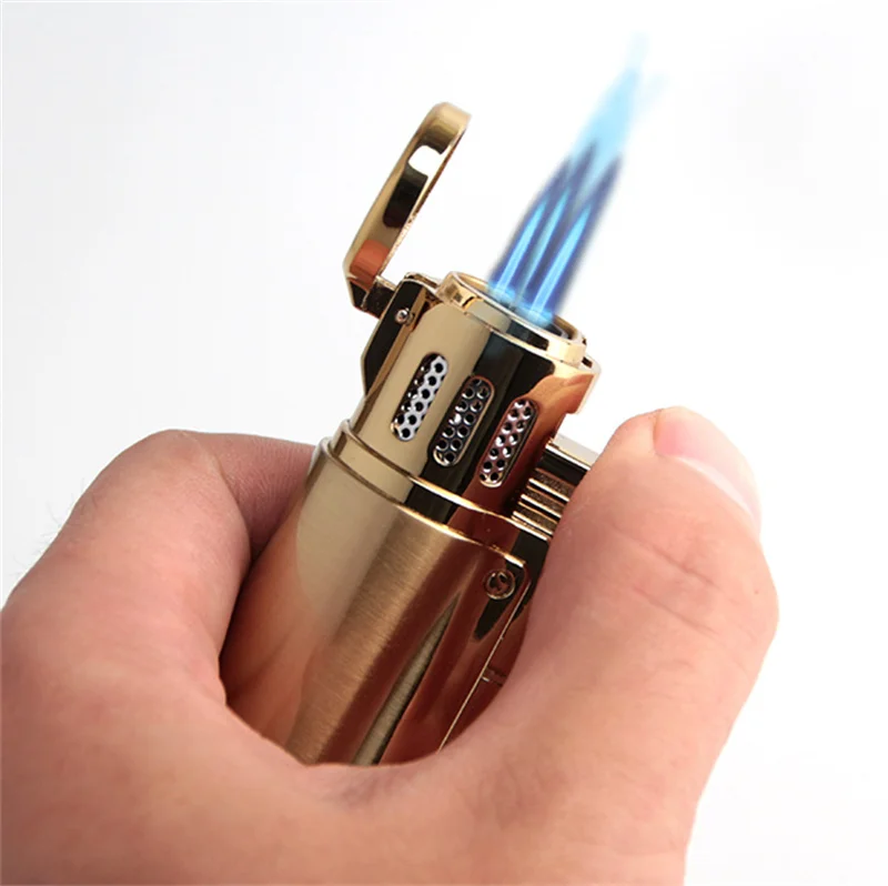 Оптовая продажа надувная Зажигалка для сигар с тройным реактивным пламенем металлический сигарный нож и многоразовый бутановый газ факелом сигарет