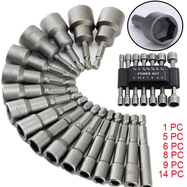 1PC/5PC/6PC/8PC/9PC/14PC Hex Socket Sleeve Nozzles Nut Driver Set Drill Bit Adapter Electric Screwdriver Socket Hexagon Socket