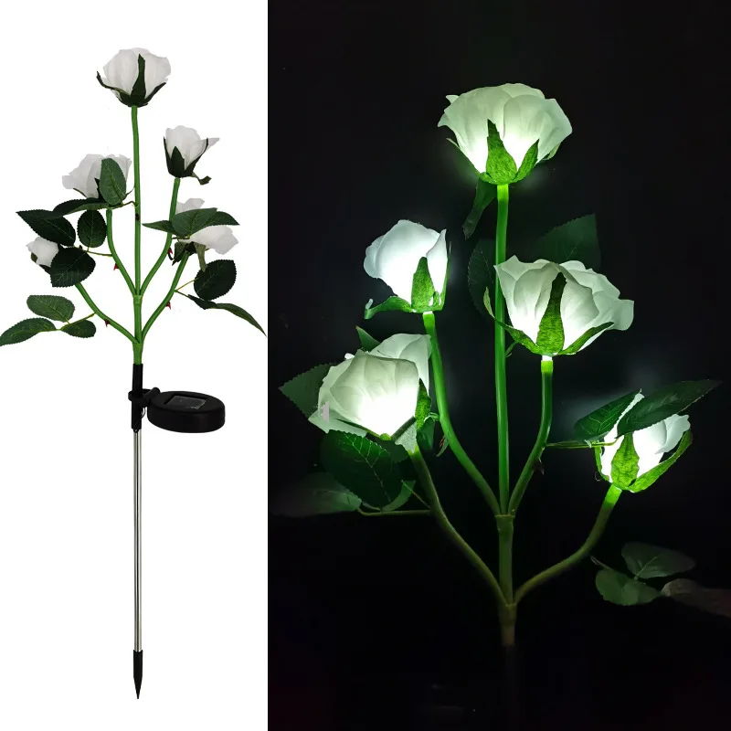 White Solar Powered Garden Flowers LED Realistic Rose Flowers Stake Lawn Lights Waterproof Outdoor for Patio Pathway Courtyard