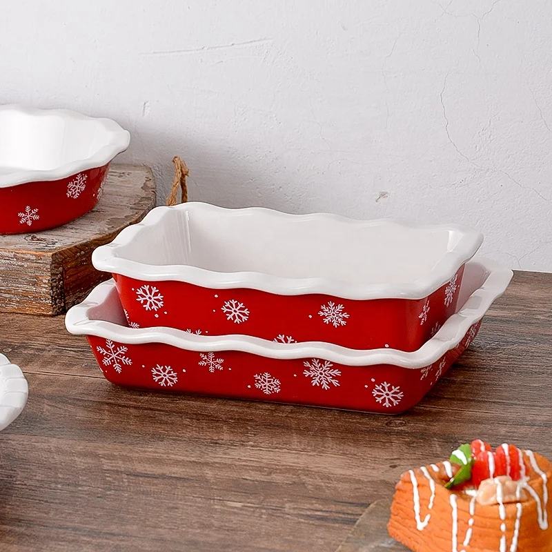 Popular Red Color Ceramic Bakeware Snowflake Pattern Christmas Style Stoneware Baking Dish Restaurant Pie Tray