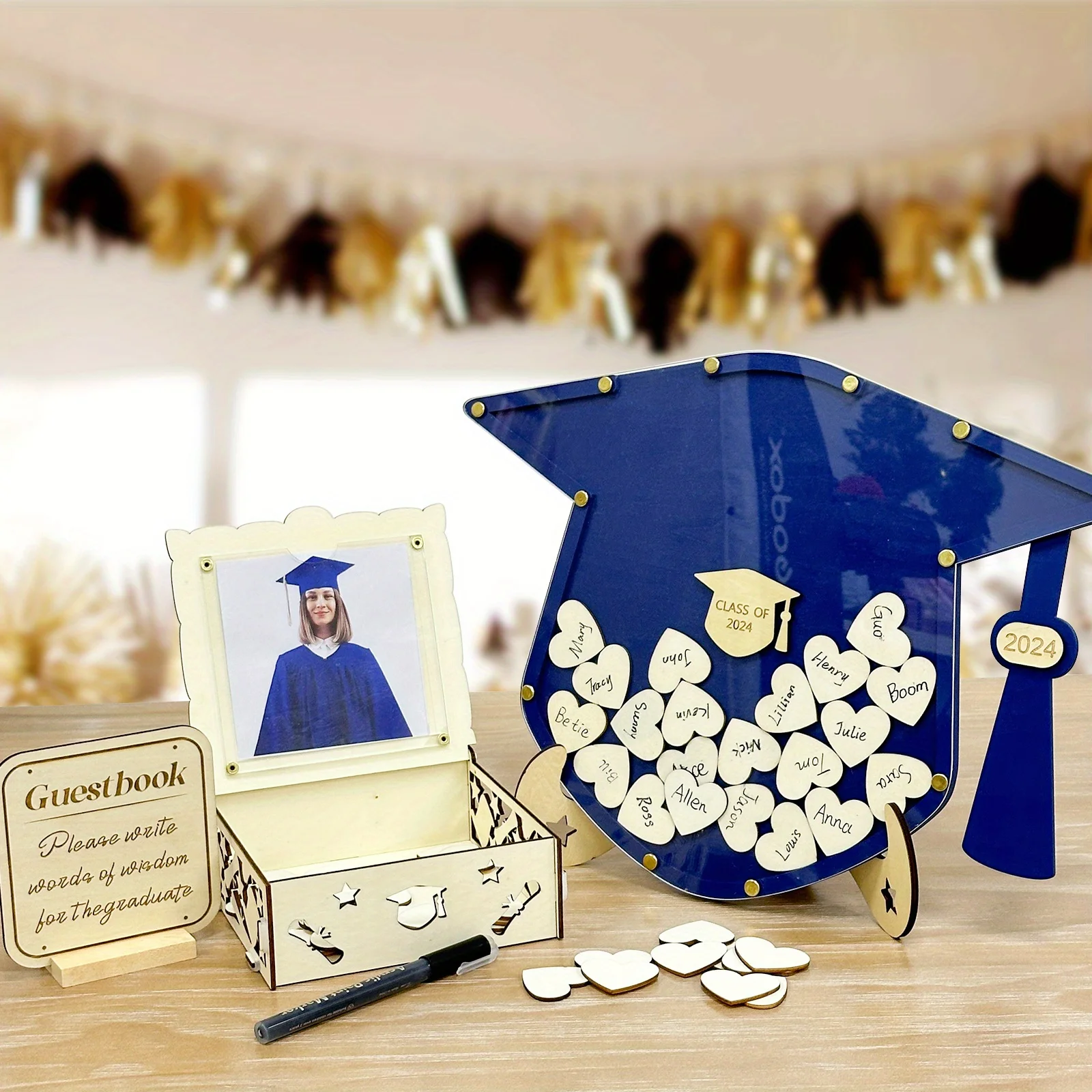 2024 Graduation Gift Wooden Photo Frame Wooden Picture Frame 60 Hearts Perfect 2024 College High School Class Decoration