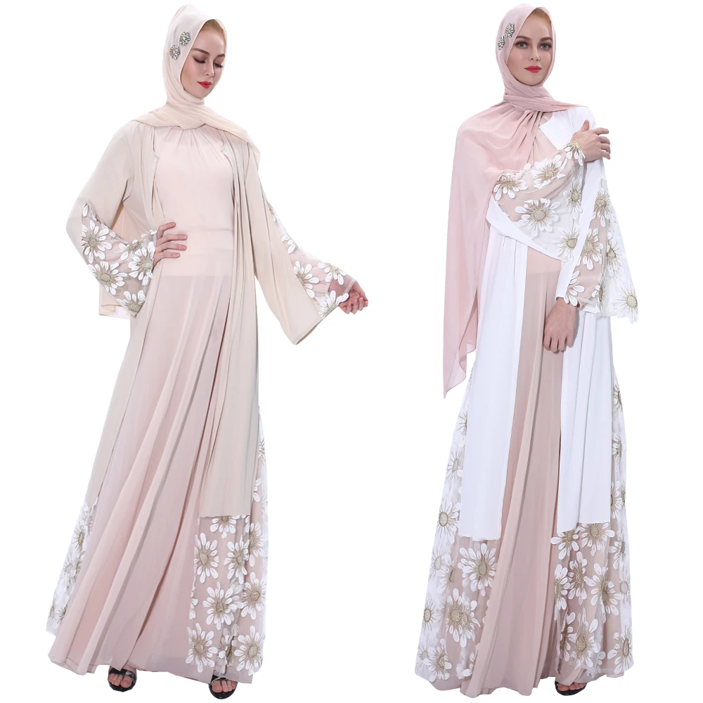 
Womens flower embroidery open front long chiffon kimono cardigan islamic clothing abaya 