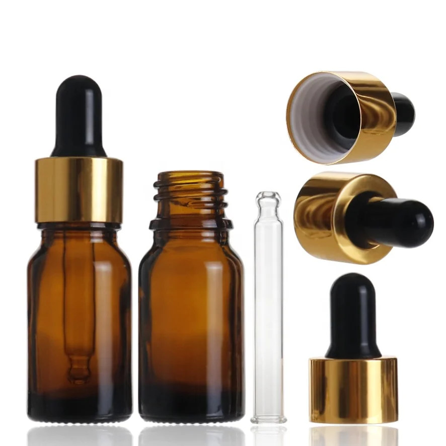 Empty amber round essential oil dropper 10ml glass bottle for perfume with golden metal plastic dropper