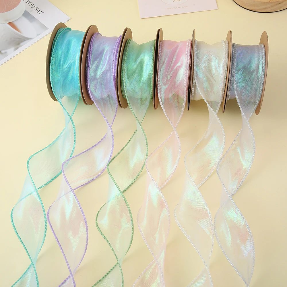 Factory wholesale customized solid color double face organza wired ribbon organza ribbon roll