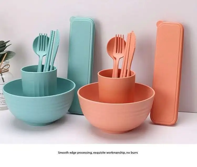Amazon Bowl Cup Plate Vertical Set Home Salad Bowl Dinner Plate Mug Portable Tableware Cutting Board Wheat Straws