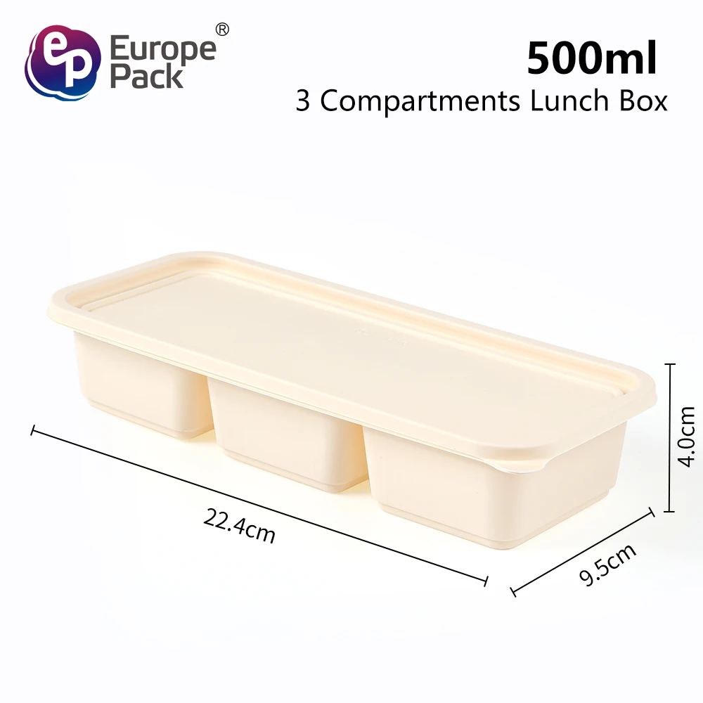 500ML Three Part Lunch Box Corn Starch For Food Container Degradable Tableware Square Shape