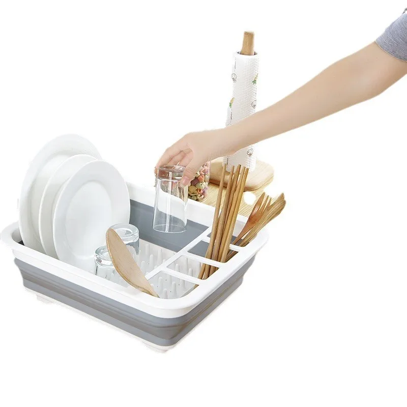 OEM Cooking Folding vegetable washing Drying Rack Basket Collapsible Plastic Foldable Dish Drainer silicone double dish drainer