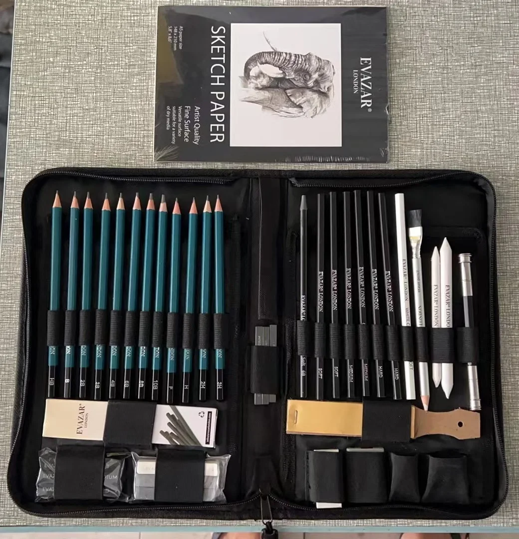 EVAZAR London 44pcs Sketching and Drawing Art Supplies, Includes Graphite & Charcoal Pencils & Sticks Plus Accessories