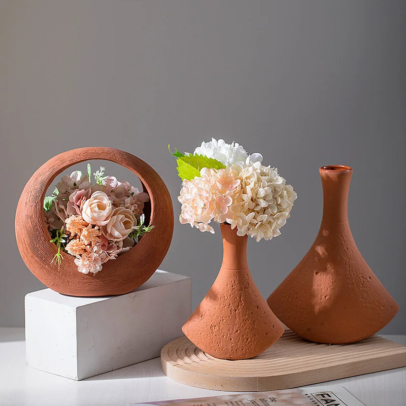 New Red Clay Ceramic Vase Creative Hydroponic Dried Flower Basket Living Room European Home Decoration Ornaments Terracotta Vase