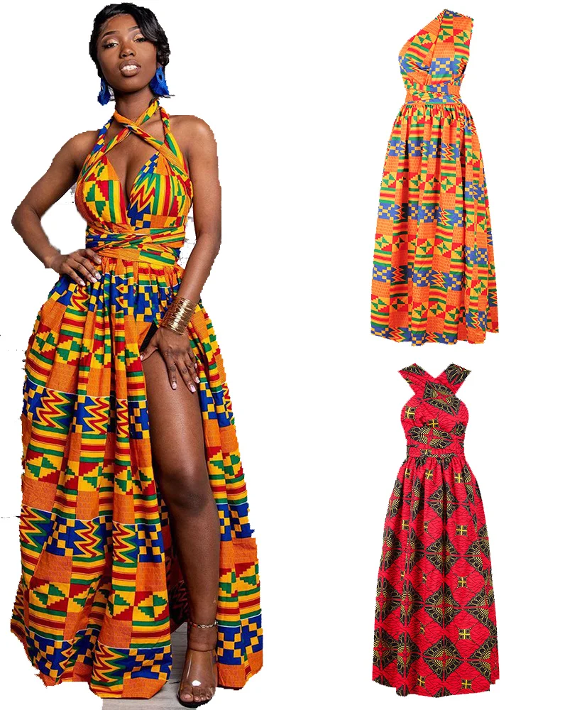 Оптовая продажа, Дашики, женское Повседневное платье с Африканским принтом, сексуальное платье с разрезом, V-образным вырезом, африканские женские клубные платья, длинное Асимметричное Платье Макси