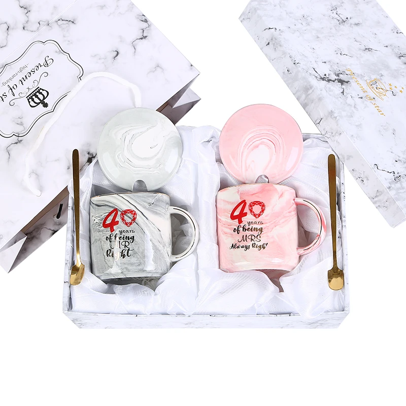 40Years Mr Right and Mrs Always Right Wedding Marriage Anniversary Cup for Couple Ceramic Marble Coffee Mugs of Being