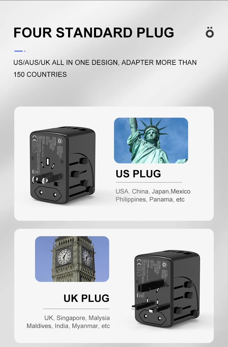 Новинка 2022, популярная электрическая розетка, универсальный адаптер для путешествий Type-c, 4usb, вилка для Великобритании, США, Австралии, ЕС, дорожный адаптер, зарядное устройство для мобильного телефона