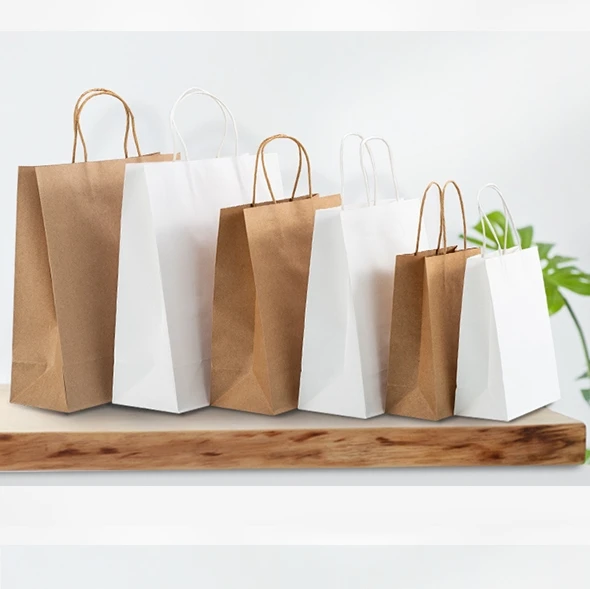 Eco-friendly Reinforced Handle Craft Paper Bags Custom Printed Logo Solid Durable Bottom Brown Kraft Paper Bag