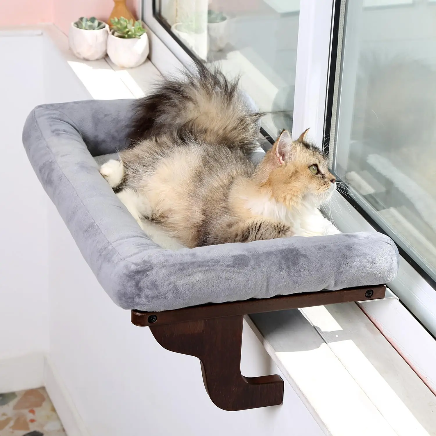 Cat Perch Window Sill Bolster Orthopedic Hammock Design with Premium Hardwood Metal Frame Dark Stained Wood Brown Bed