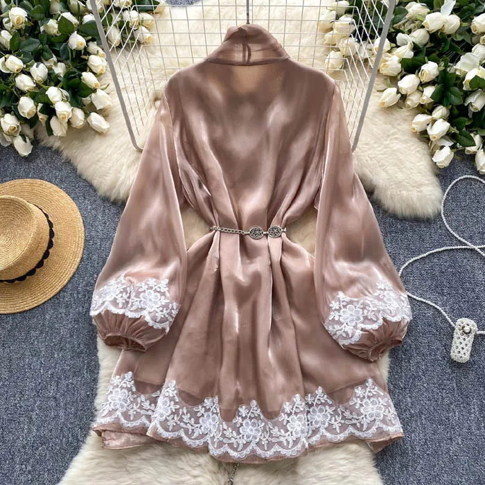 LY1220  New 2025 Korean Chic Solid Color Elegant  long sleeve lace Edge Chiffon Satin Dress Women Long Sleeve Dresses Clothing 1