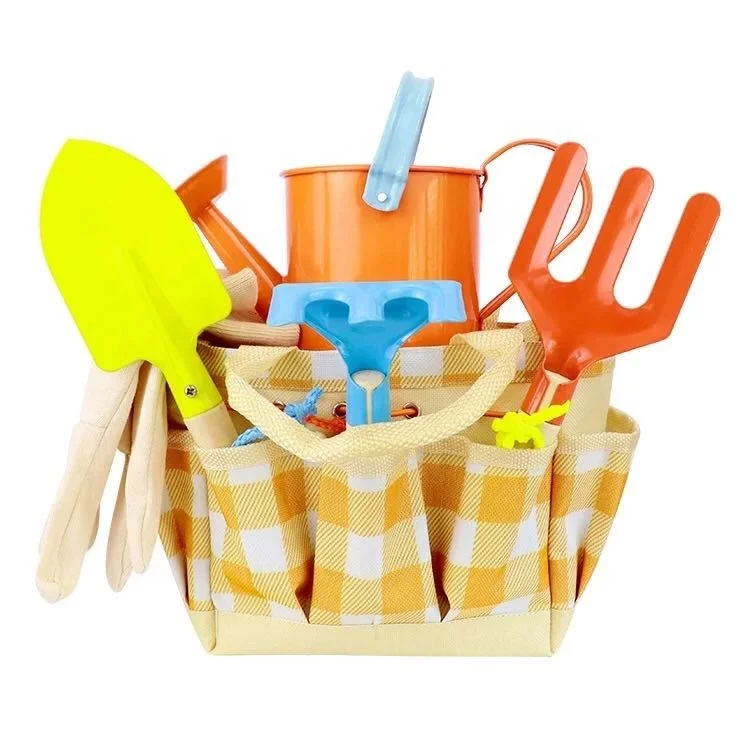 6pcs Metal Kids Colorful Garden Tool Sets including Trowel, Shovel, Rake, bag with watering can