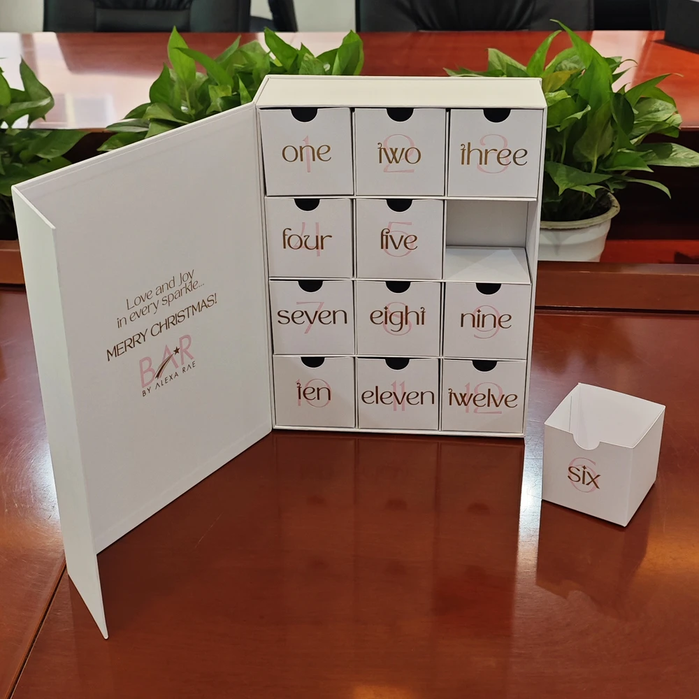 Luxury White Cardboard Custom 12 Days Christmas Advent Calendar Spot Gold Foil Magnetic Gift Box