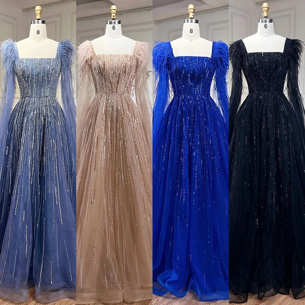 Blue A Line Cape Sleeves Feathers Beaded Dubai Evening Dresses Serene Hill LA72236 Wedding Party Gowns 2024 For Women