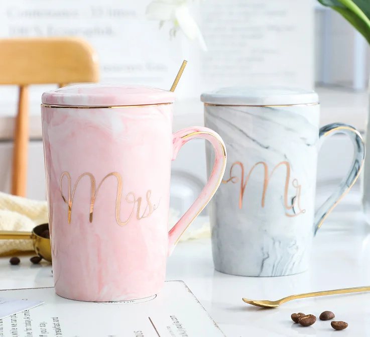 14oz Pink Grey  Mr Mrs Souvenir Wedding Gift Couple Lover Reusable Ceramic Marble Coffee Tea Mug