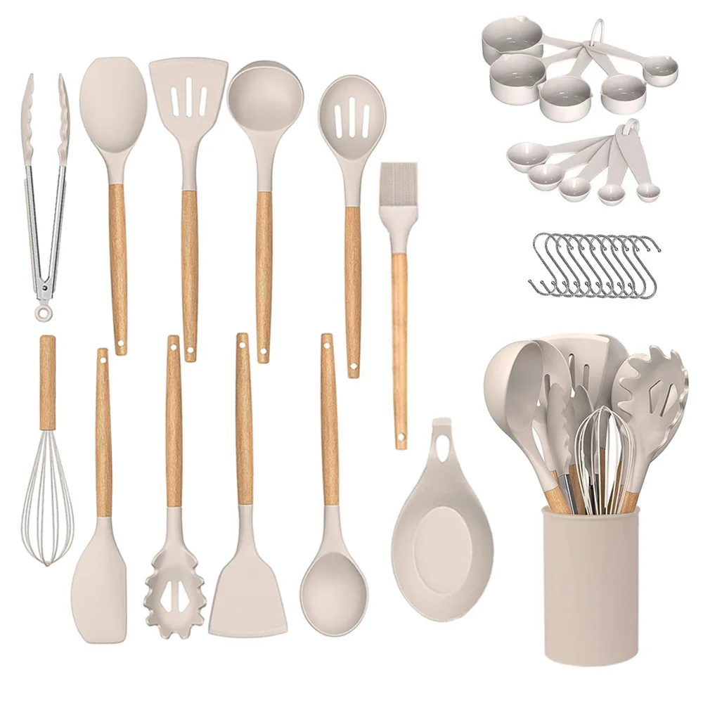 good quality outdoor 33 pcs kitchen accessories non stick cookware set silicone kitchen utensils set with wooden handle