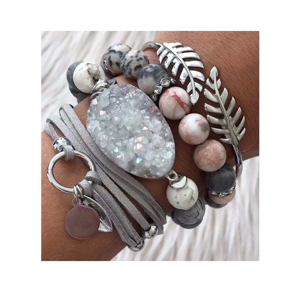 Silver Dusk Map Stone Jasper & Pink Zebra Jasper Leather Stacking Bracelet Set Best  Women Jewelry Perfect Birthday Gift