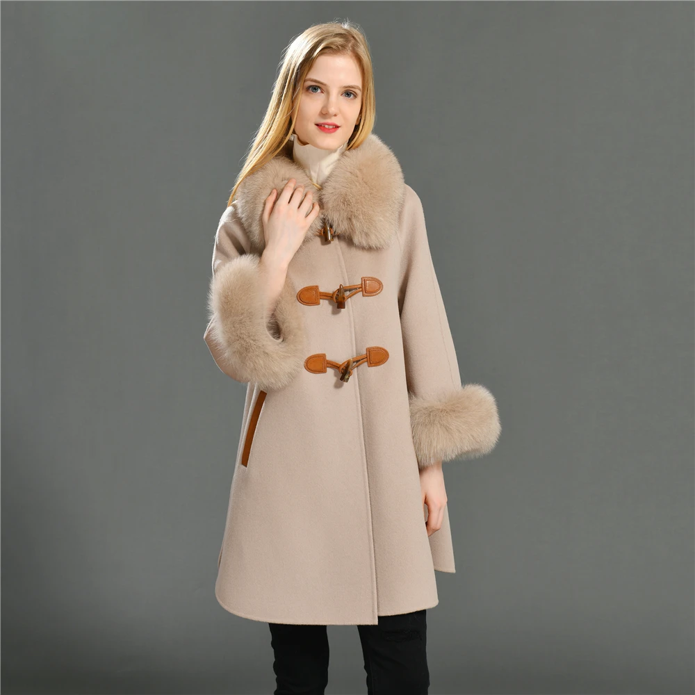 OEM Service Wholesale Popular Custom Horn Button Fox Fur Collar And Cuffs Ladies Long Cashmere Wool Coat Fur
