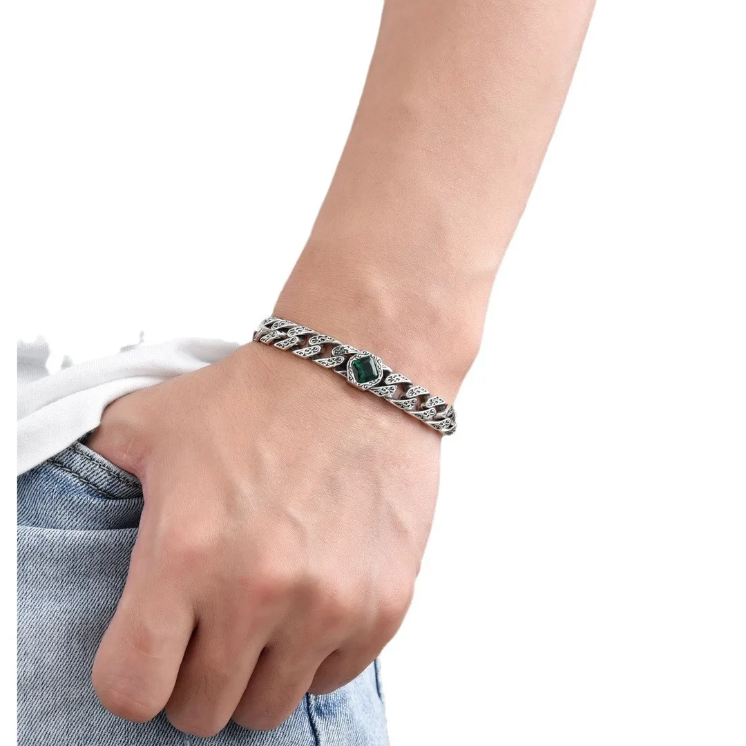 S925 Sterling silver niche design to do old personality Haba with blue green black gem Tank Guba bracelet for men and women