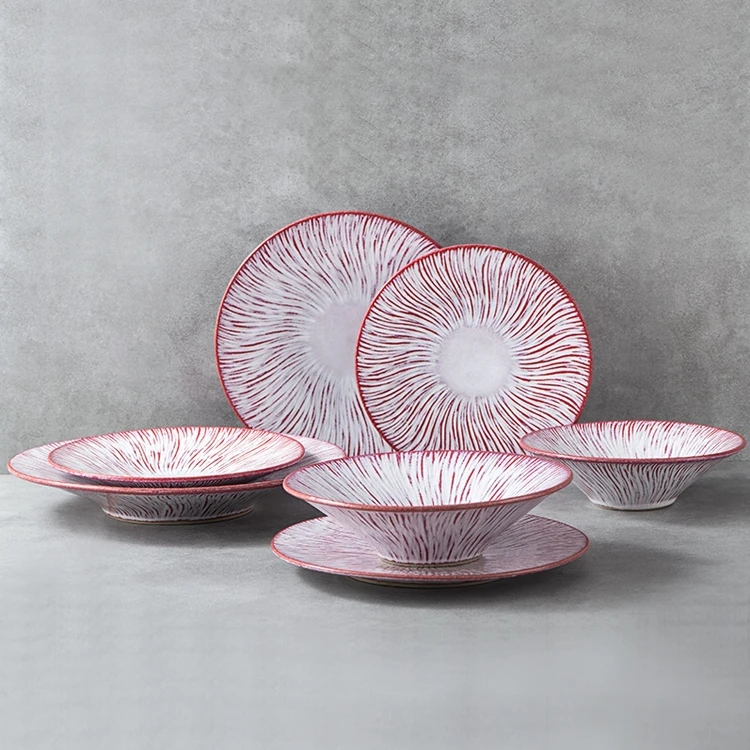 MG Western Style Food Use Kiln Change Color Red Ceramic Steak Fruit Dessert Pasta Pizza Dishes Plate Porcelain Dinnerware Sets