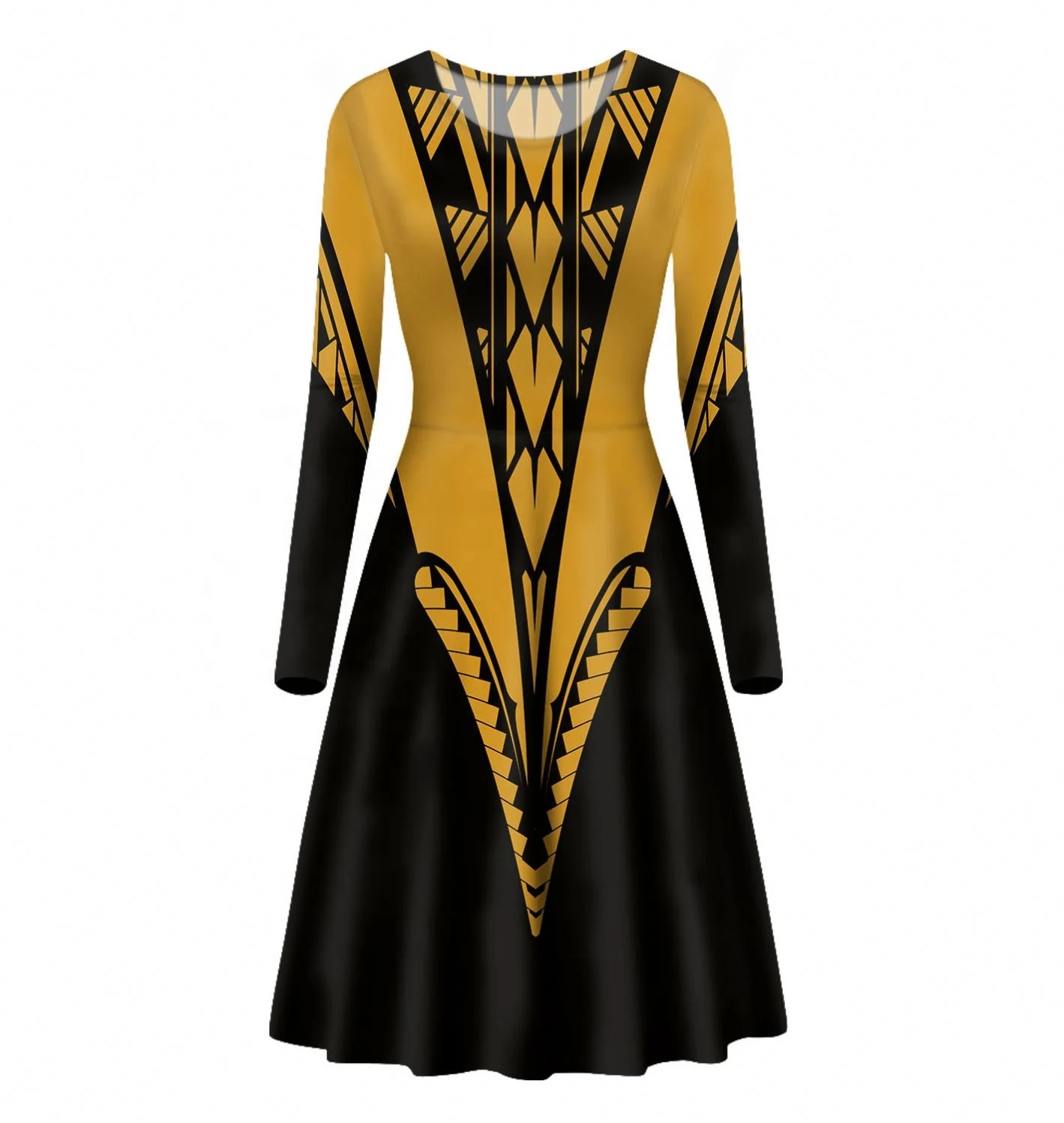 Casual Women Dress Hawaiian Flower Tribal Tattoo Design Style A Line High Waist Long SleevePleated Flared Party Work Midi Dress