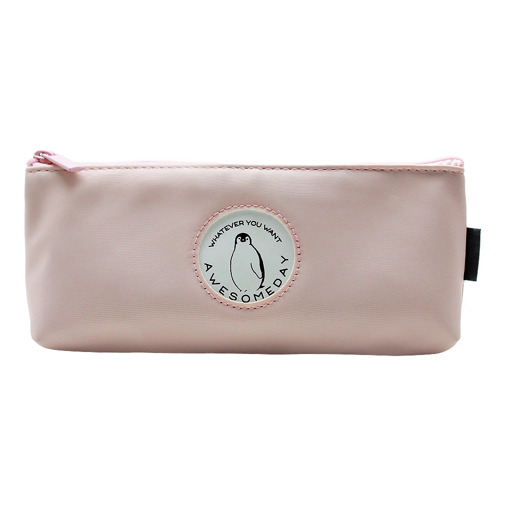 Custom Penguin LOGO Fabric Texture Pattern PU Leather Kids Stationary Pencil Pouch With Private Woven Label