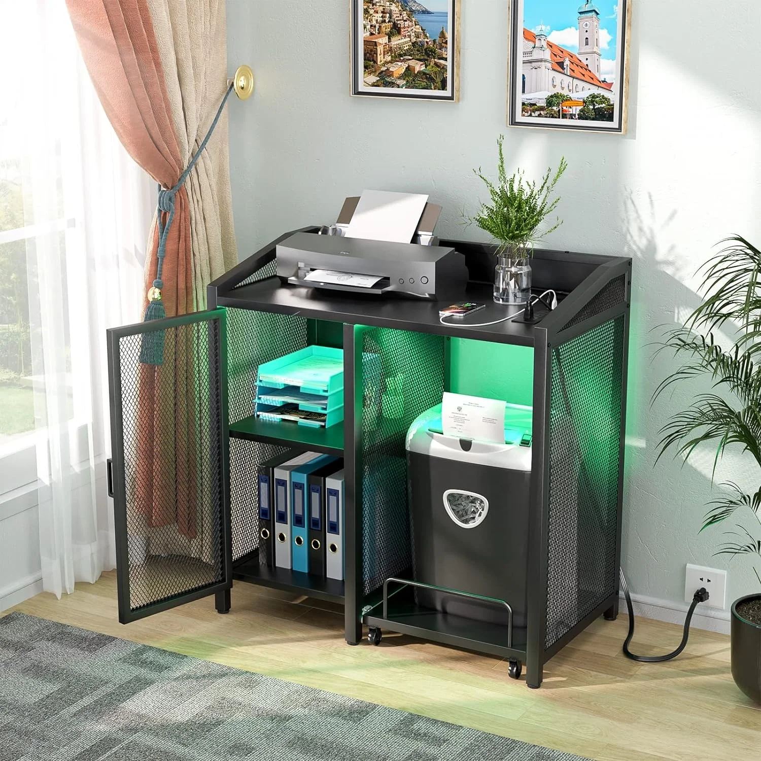 Adjustable Storage Shelves Home Office Furniture Printer Stand with Sockets Large Deskside Printer Table for Kitchen Use