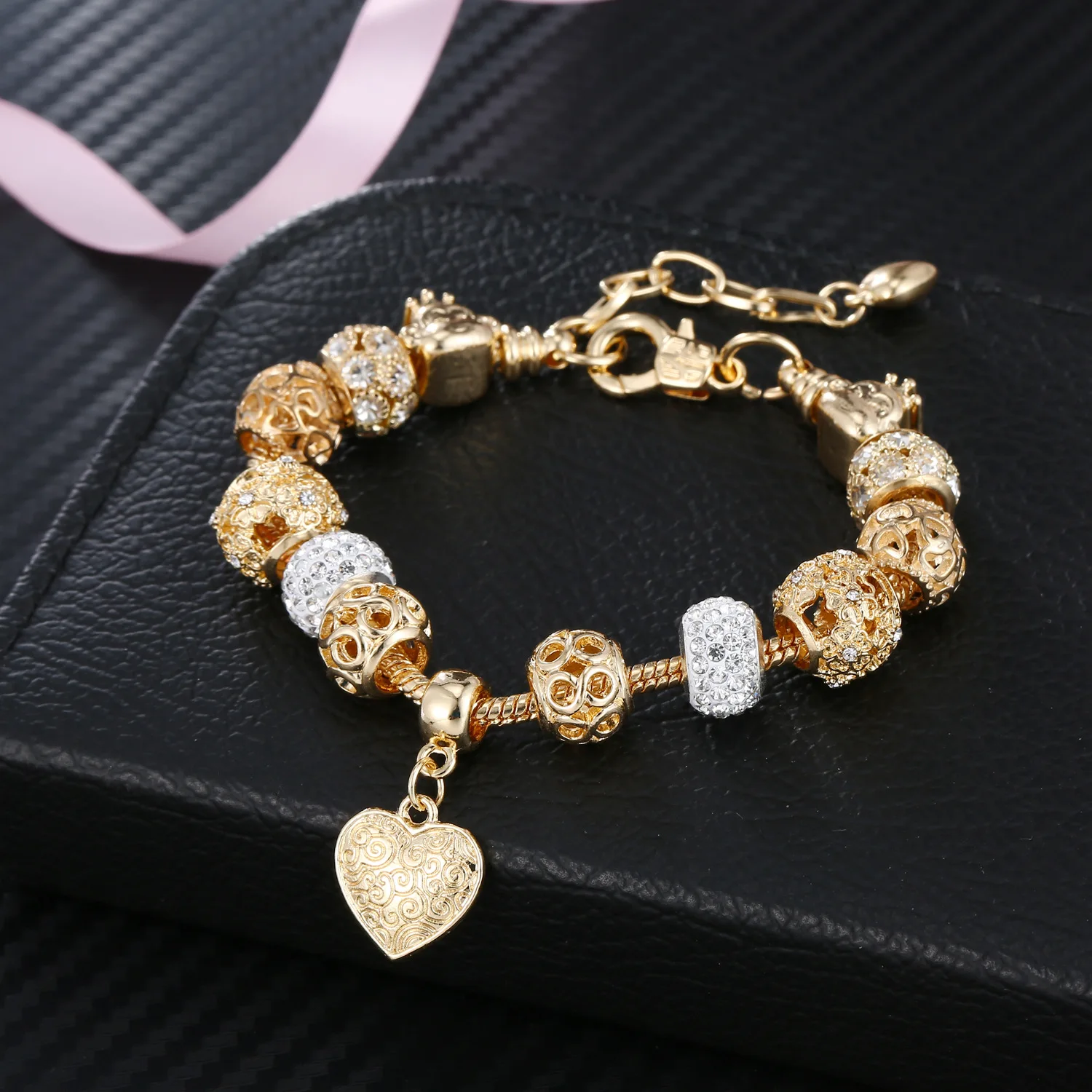  Exquisite Design Austrian Crystal Beads Bracelets Rose Gold Plated Heart Charm For Women