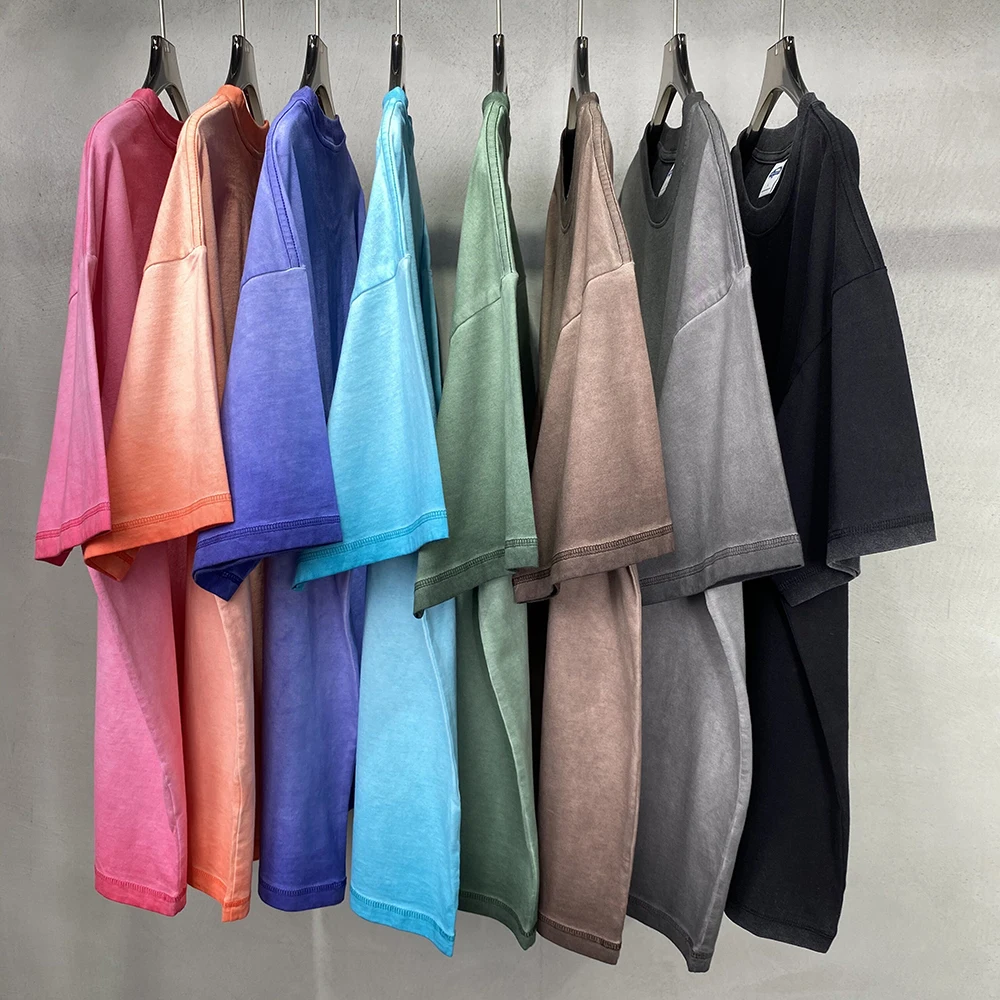 Yingling 250g vintage boxy t shirt stone washed t-shirts Drop Shoulder Distressed Cropped Tshirts sun fade t shirt