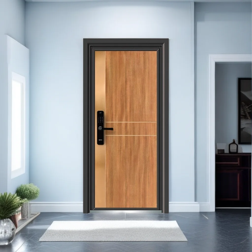 Modern Chinese Main Front Outdoor Door Safely Security Steel Wooden Frame Finish Armored Doors For House