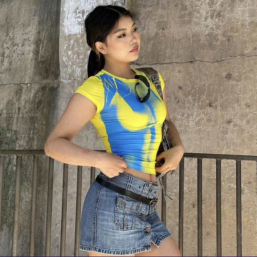 Kliou K23L28206 Y2k Clothing 3D Print Short Sleeve Tees T Shirt Women Crop Top