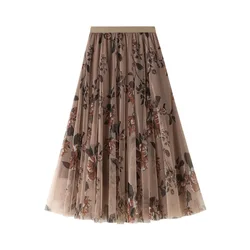 Korean Style Floral Print Spring Long Skirts for Women VD1711 High Waist Black Party Mesh Tulle Skirt jupe